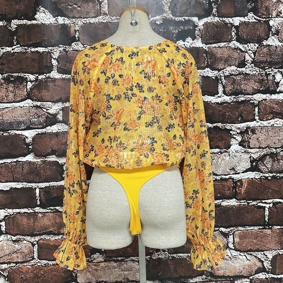 Tularosa Bodysuit Women's X Small XS Yellow Floral Long Sleeve Metallic - Picture 11 of 15